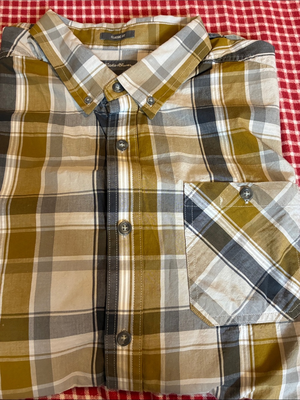 Eddie Bauer Olive and Gray Plaid Button-Down Shirt